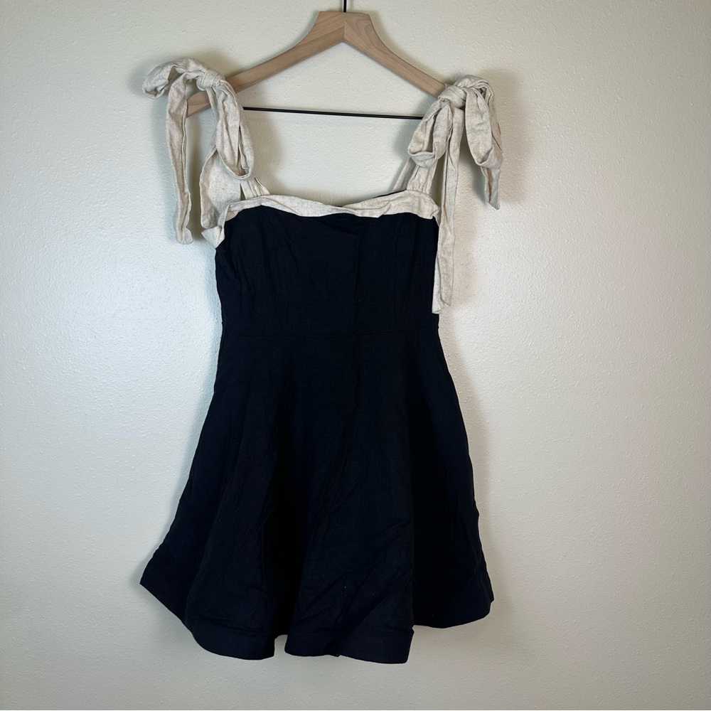 KLESIS Classy Chic Linen Blend Bow Tie Shoulder Black & Cream‎ A-Line Mini Dress